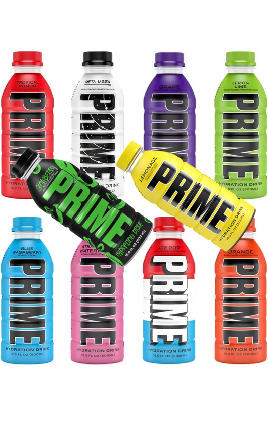 10 Flavours of Prime Hydration Glowberry, Lemonade, Strawberry Watermelon, Meta Moon, Ice Pop, Tropical Punch, Blue Raspberry, Lemon Lime, Grape, & Orange