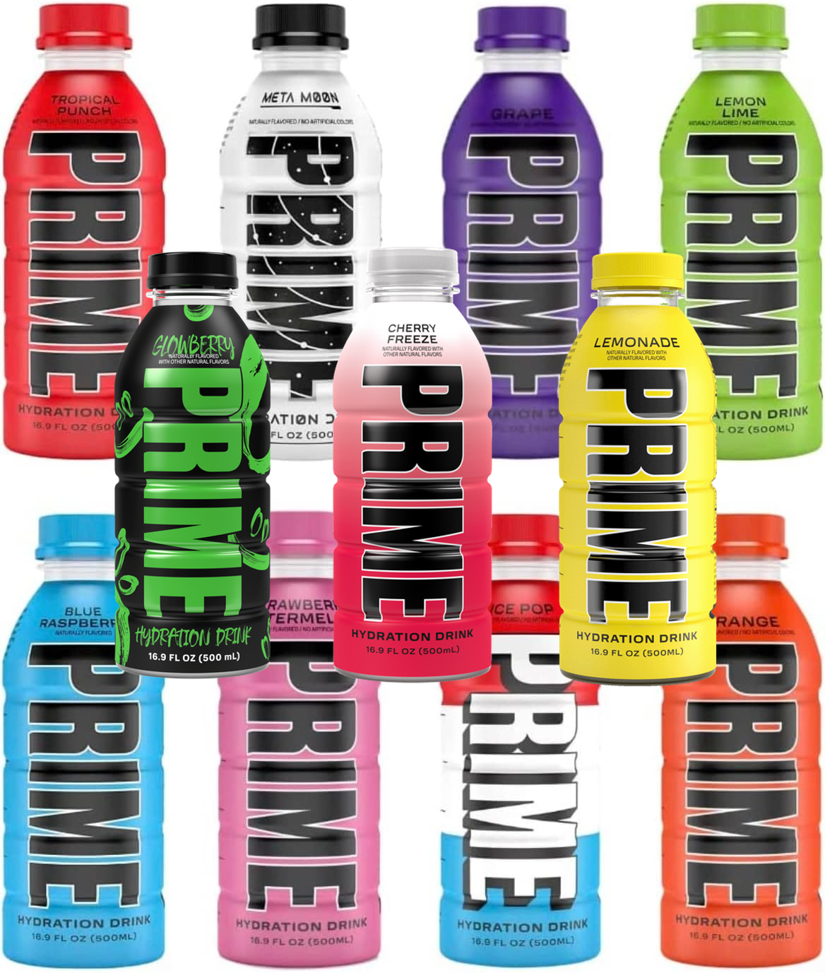 11 Flavours of Prime Hydration Cherry Freeze, Glowberry, Lemonade, Grape, Orange, Meta Moon, Strawberry Watermelon, Ice Pop, Blue Raspberry, Tropical Punch, & Lemon Lime