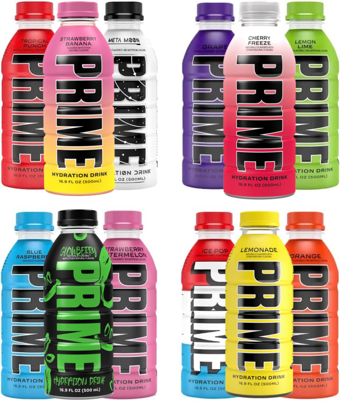 12 Pack of the Best Flavours!!! - Prime Hydration Strawberry Banana, Cherry Freeze, Grape, Glowberry, Lemonade, Strawberry Watermelon, Meta Moon, Ice Pop, Orange, Tropical Punch, Blue Raspberry & Lemon Lime
