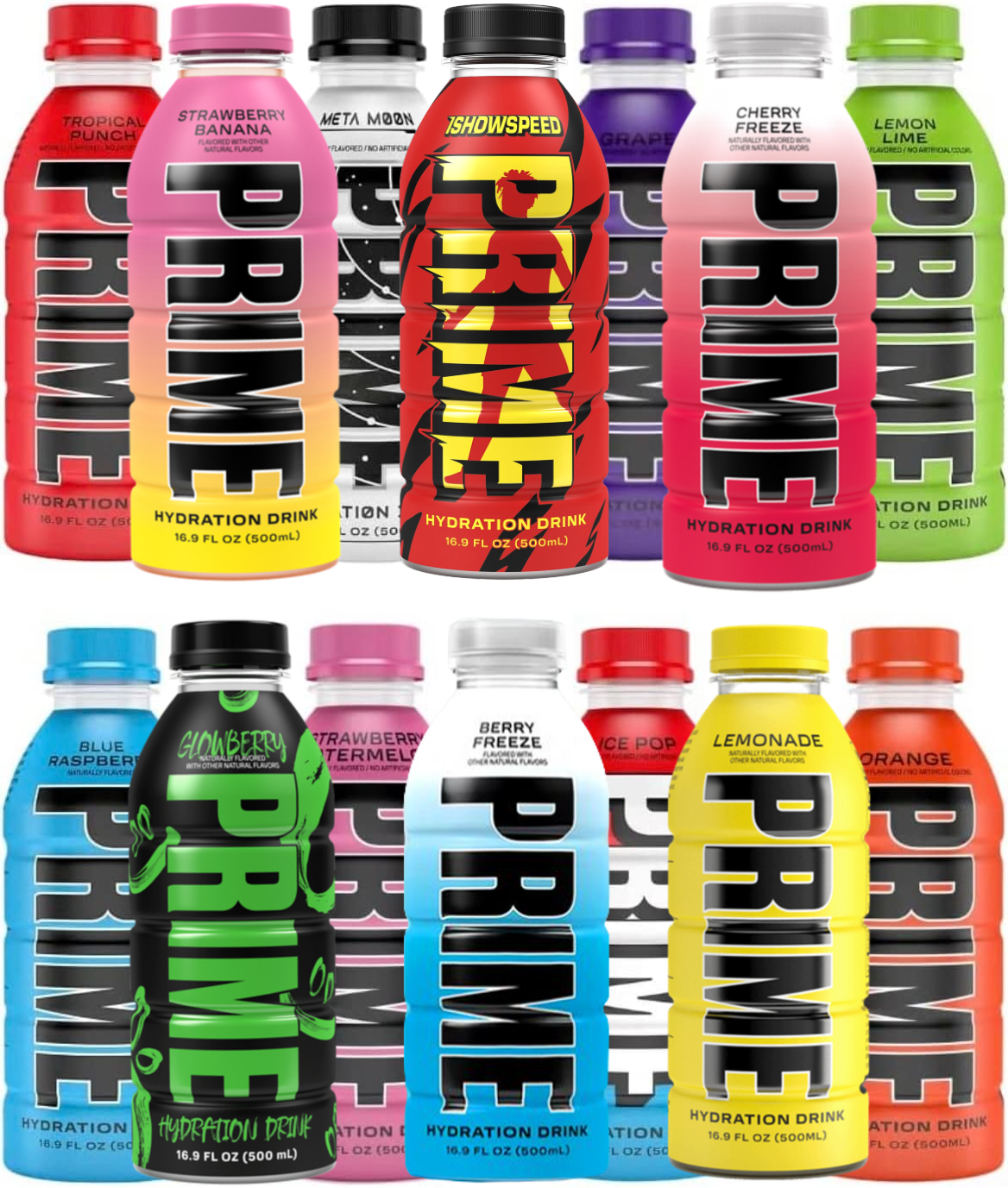 14 Pack - Prime Hydration IShowSpeed Dragon Fruit Acai, Berry Freeze, Strawberry Banana, Grape, Cherry Freeze, Glowberry, Lemonade, Orange, Meta Moon, Strawberry Watermelon, Ice Pop, Blue Raspberry, Tropical Punch, & Lemon Lime (14 Flavours 16.9 Oz Each)