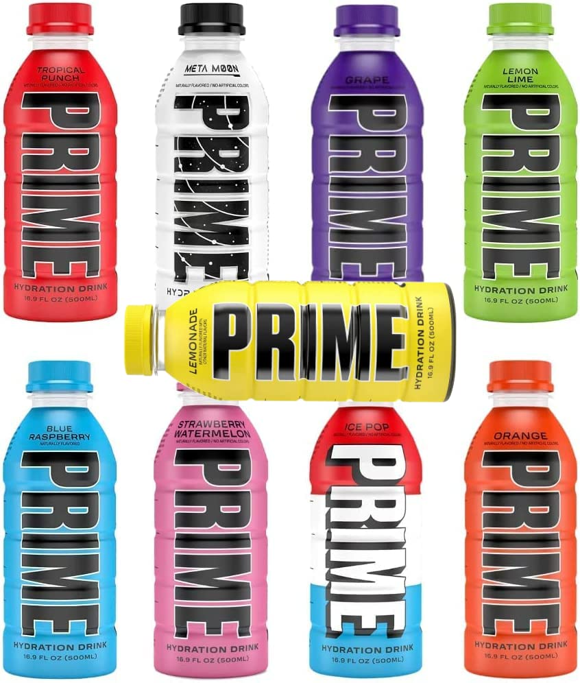 All 9 Flavours Prime Hydration Lemonade, Strawberry Watermelon, Meta Moon, Ice Pop, Tropical Punch, Blue Raspberry, Lemon Lime, Grape, & Orange