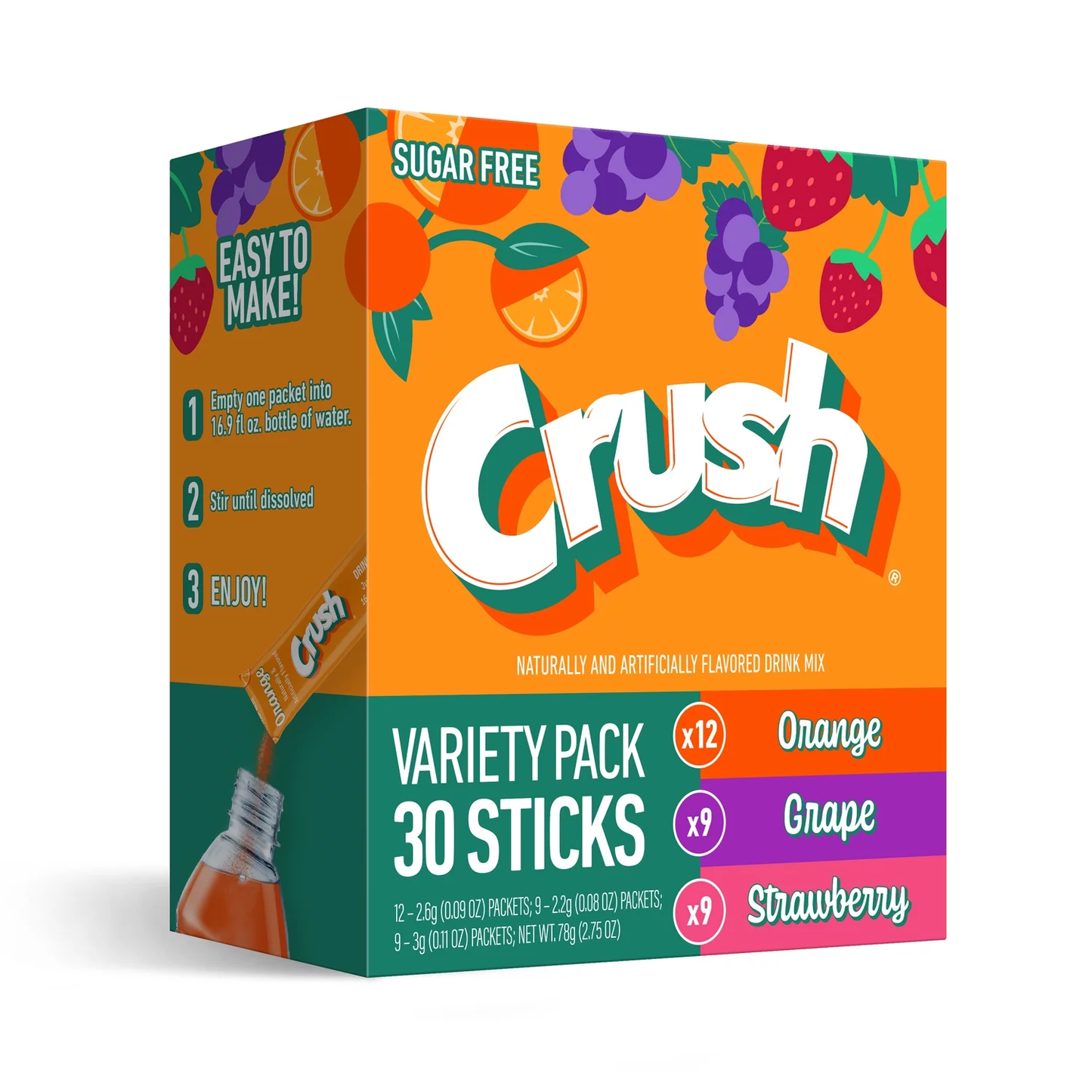 Crush Sugar Free Drink Mix Orange, Grape, Strawberry (30pk)