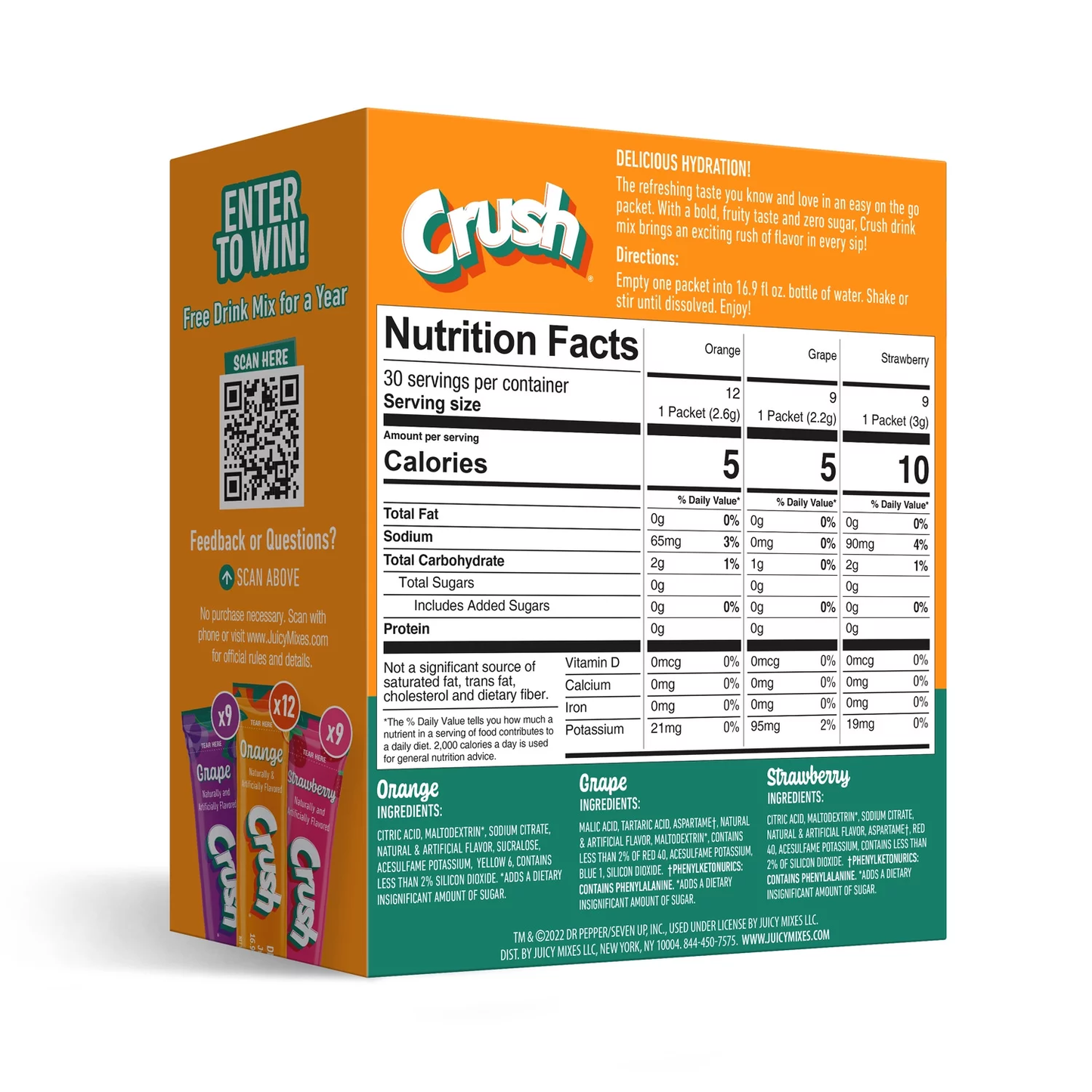Crush Sugar Free Drink Mix Orange, Grape, Strawberry (30pk)
