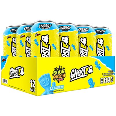 GHOST Energy Drink- Zero Sugar - SOUR PATCH KIDS BLUE RASPBERRY (12 Drinks, 16 Fl Oz. Each)