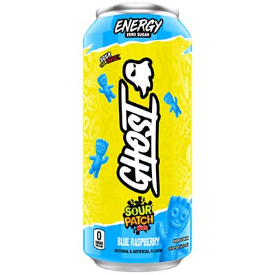 GHOST Energy Drink- Zero Sugar - SOUR PATCH KIDS BLUE RASPBERRY (12 Drinks, 16 Fl Oz. Each)