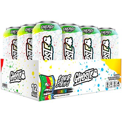 GHOST Energy Drink - Zero Sugar - SOUR STRIPS® RAINBOW (12 Drinks, 16 Fl Oz. Each)