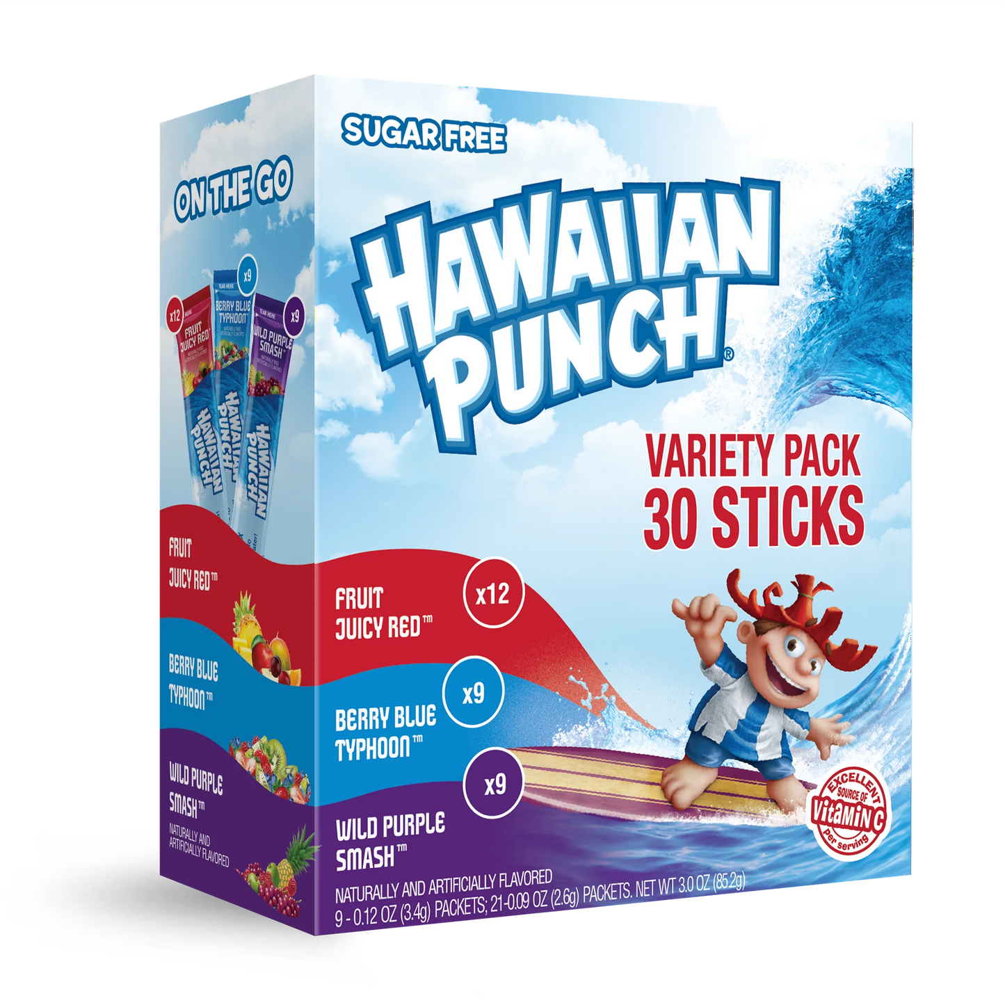 Hawaiian Punch Drink Mix, Fruit Juicy Red, Berry Blue Typhoon, Wild Purple Smash (30pk)