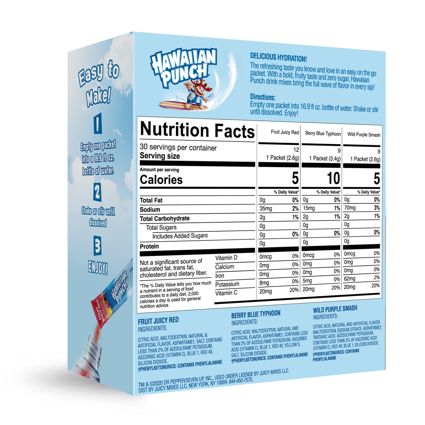Hawaiian Punch Drink Mix, Fruit Juicy Red, Berry Blue Typhoon, Wild Purple Smash (30pk)