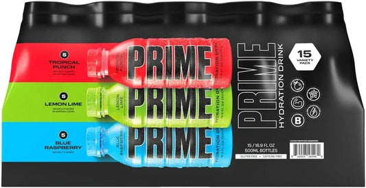 Prime Hydration Drink Blue Raspberry, Tropical Punch, & Lemon Lime Variety Pack (16.9 fl. oz., 15 pk.)