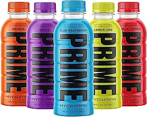 Prime Hydration Sports Drink 5 Pack - Grape, Orange, Blue Raspberry, Tropical Punch, & Lemon Lime(5 Bottles, 16 Fl Oz. Each)
